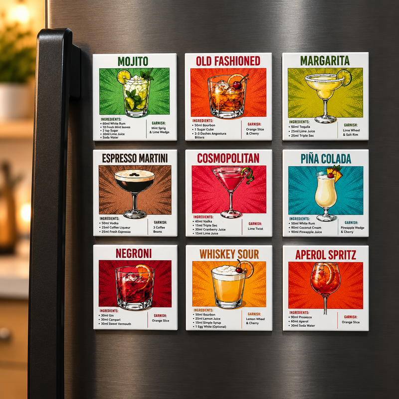 Cocktail Recipe Fridge Magnet Set | 9 Premium Drink Recipe Magnets