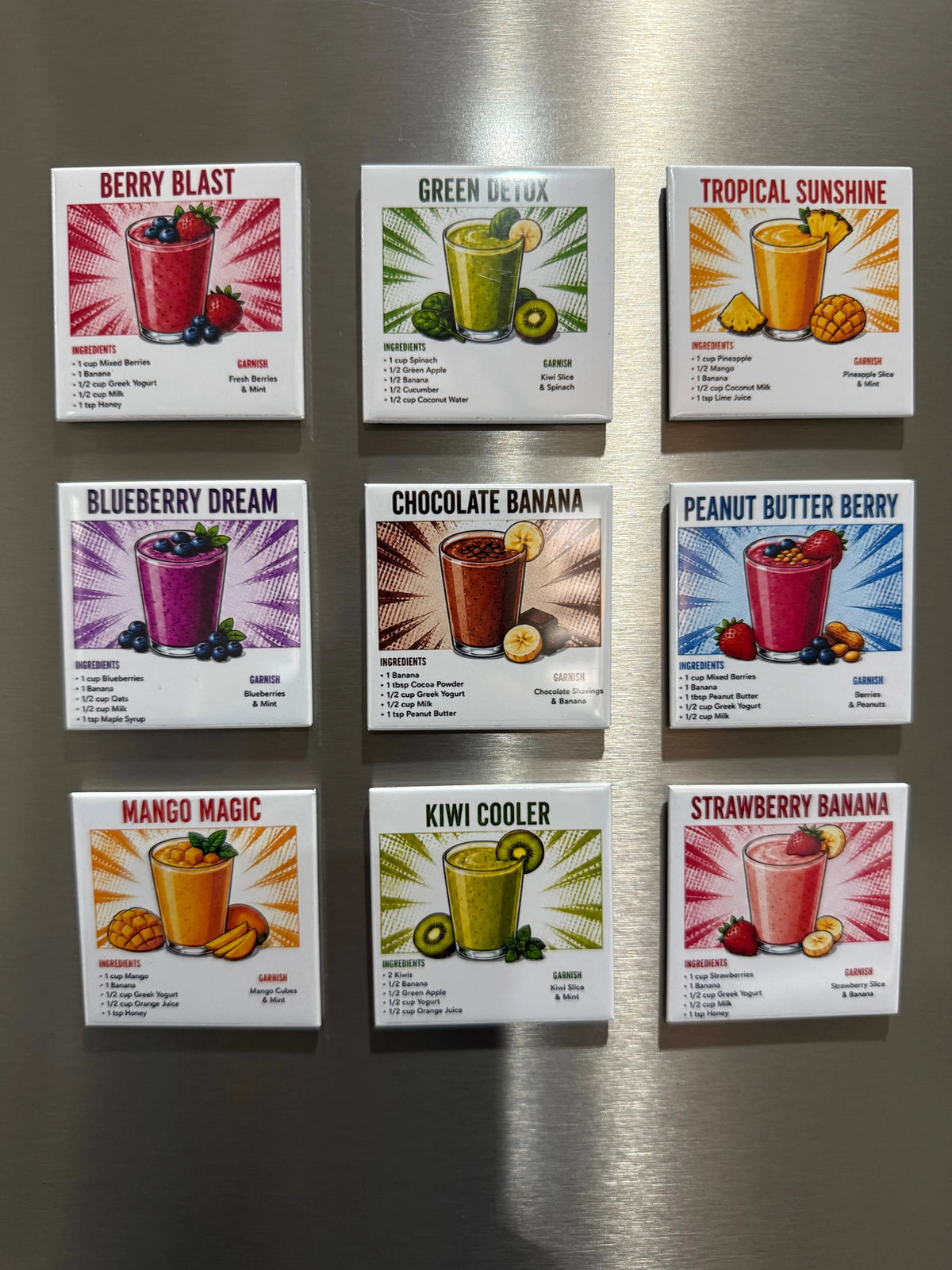 Smoothie Recipe Magnet Set | 9 Healthy Smoothie Fridge Magnets